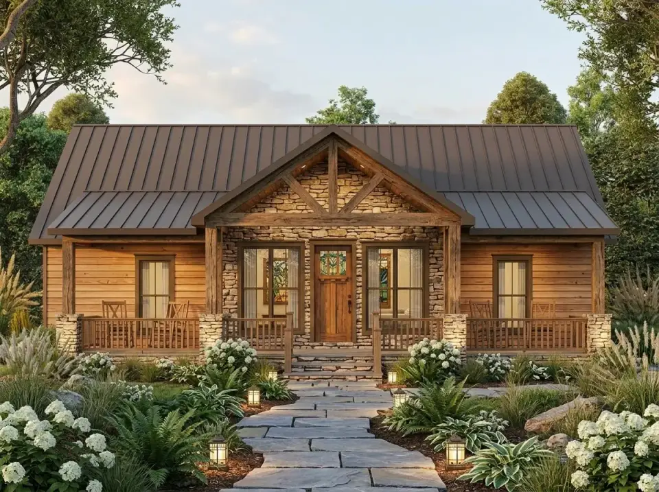 Traditional rustic facade with extensive stone veneer, horizontal wood siding, stained-glass door, and lush naturalistic landscaping