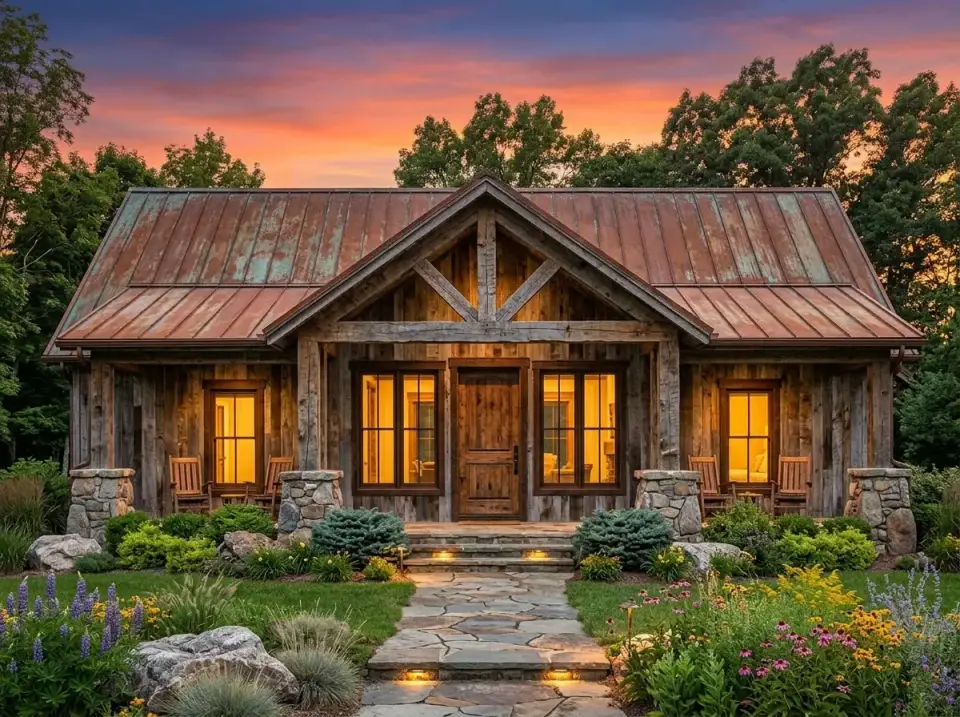 Aged rustic cabin facade with weathered wood siding, patinated copper roof appearance, stone accents, and wild cottage garden landscaping