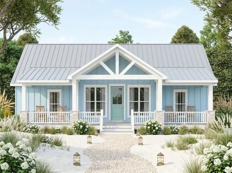 Coastal cottage facade with light blue board-and-batten siding, white trim, turquoise door, and beach-inspired landscaping