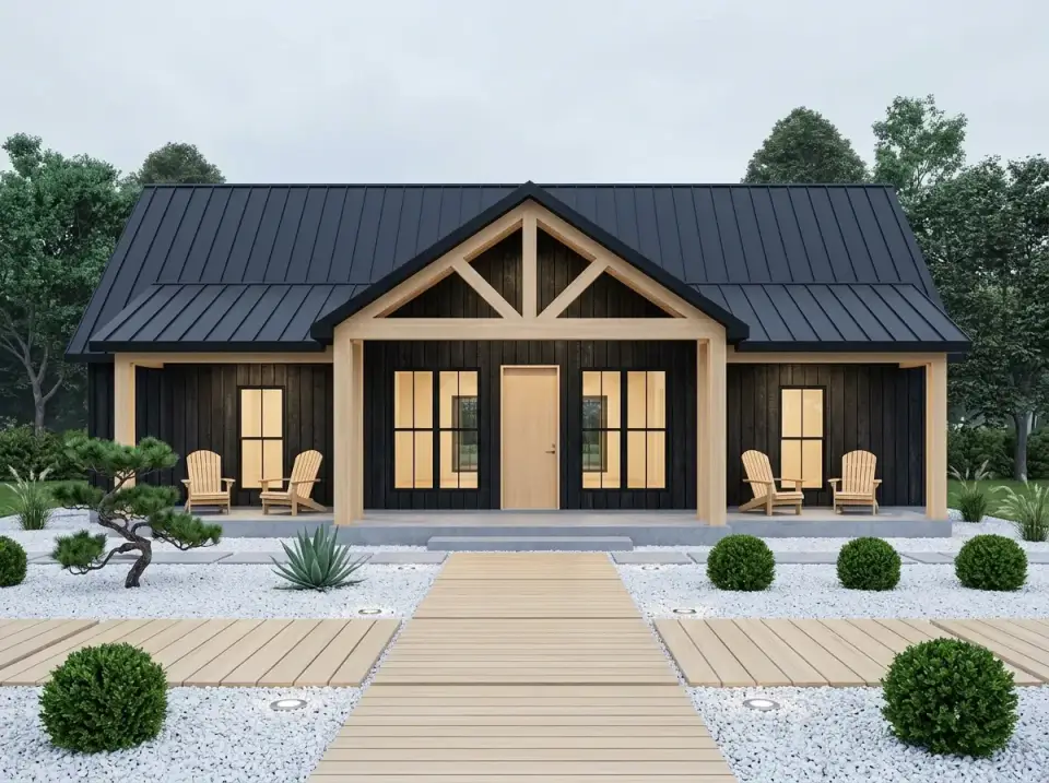 Minimalist Scandi-Japandi facade with dramatic black siding, light natural wood timbers, and Zen-style gravel landscaping with bonsai-shaped trees
