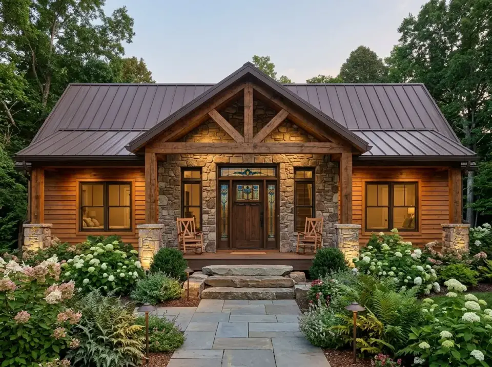 Classic log home facade with horizontal log siding, heavy timber framing, stone veneer accents, and lush flagstone walkway landscaping