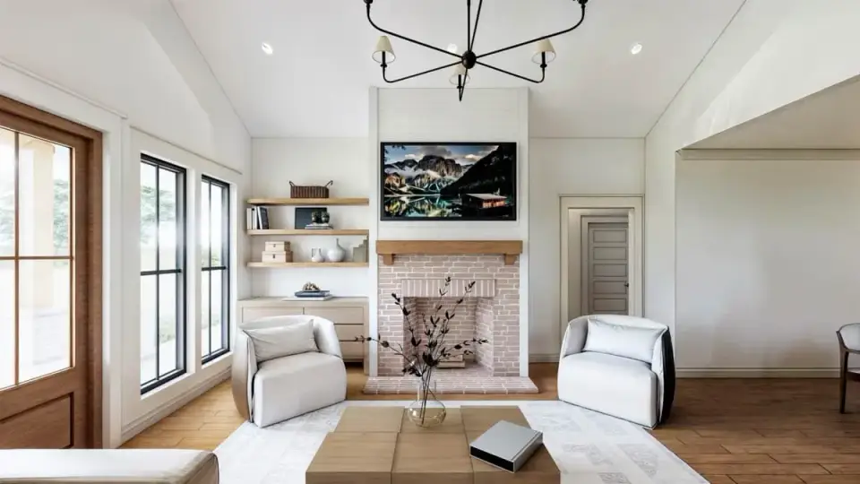 Open kitchen with large island, pendant lighting, and walk-in pantry entrance