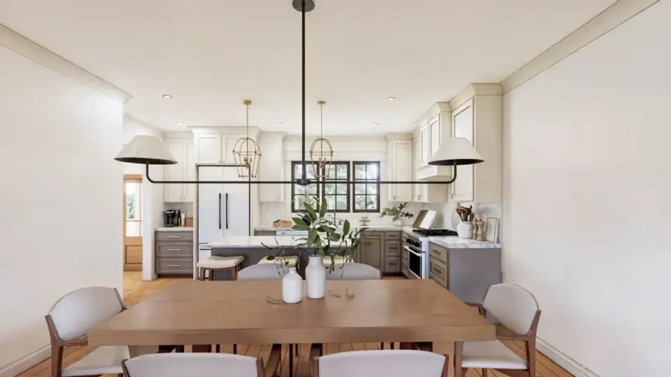 Kitchen view showing vaulted ceiling with exposed timber and range wall detail