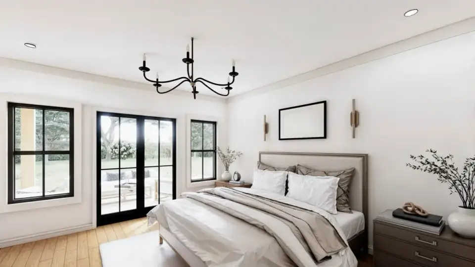 Master bedroom with vaulted ceiling, natural light, and hardwood floors