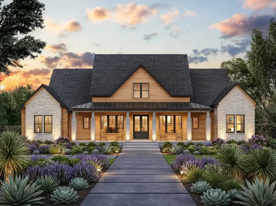 Facade variation with horizontal wood siding, extensive stone veneer, dark metal porch roof, naturalistic landscaping with lavender, ornamental grasses, and agave