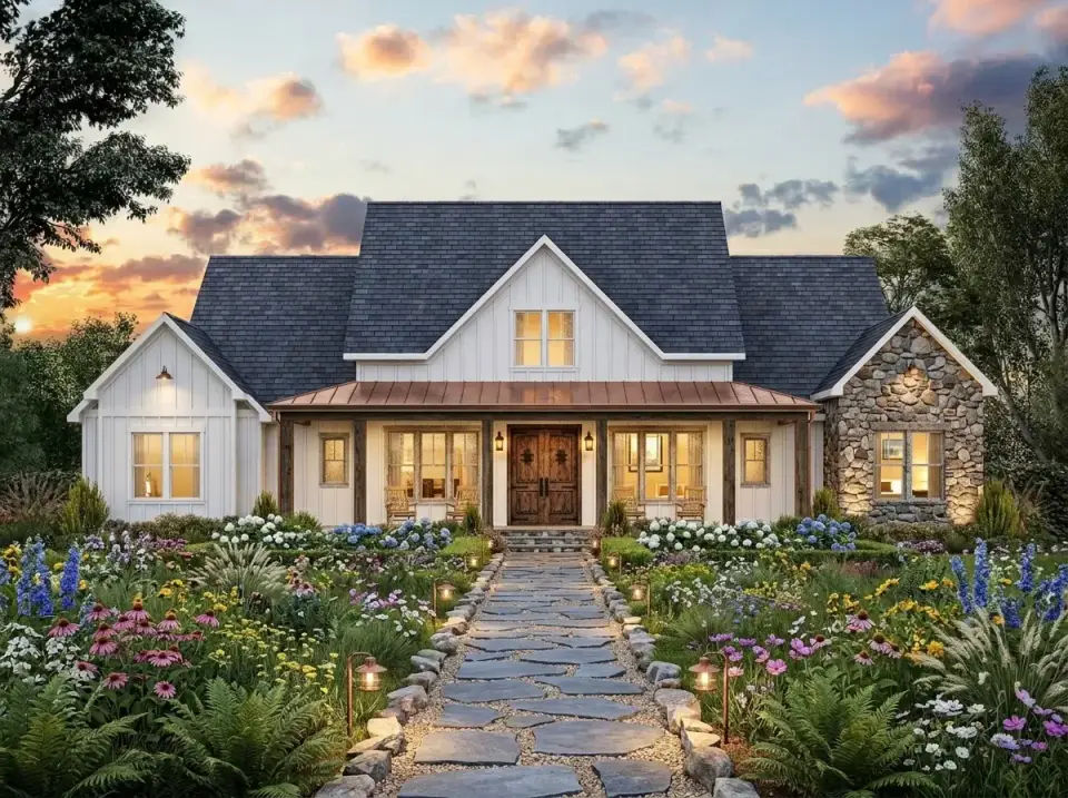 Facade variation with classic white board-and-batten siding, stone veneer right wing, copper metal roof accents, lush cottage-garden landscaping with hydrangeas, ferns, and echinacea along a flagstone path