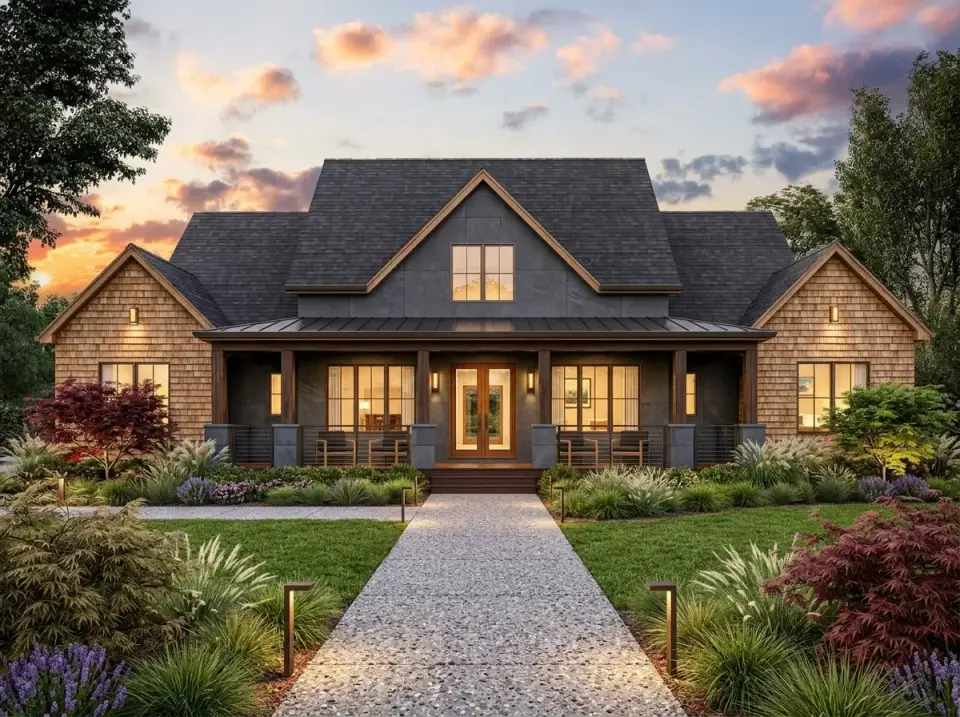 Facade variation with cedar shake siding, dark gray trim, dark metal roof, Japanese maple specimens, varied ornamental grasses, and low shrubs along an aggregate concrete path