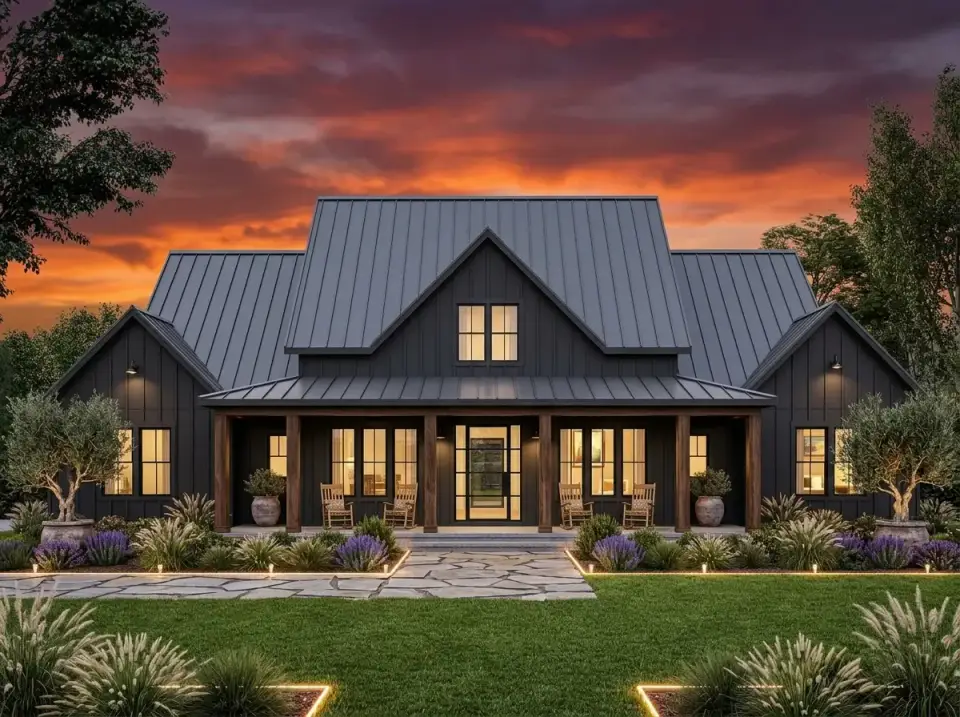 Facade variation with dark gray board-and-batten siding, full standing-seam metal roof, natural wood columns and front door, Mediterranean-inspired landscaping with olive trees, lavender, and drought-tolerant grasses