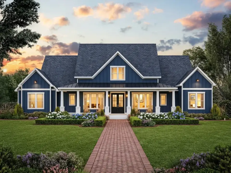 Facade variation with deep navy blue siding, crisp white trim, dark metal porch roof, formal symmetric landscaping with hydrangeas, boxwoods, and low perennials along a herringbone brick pathway