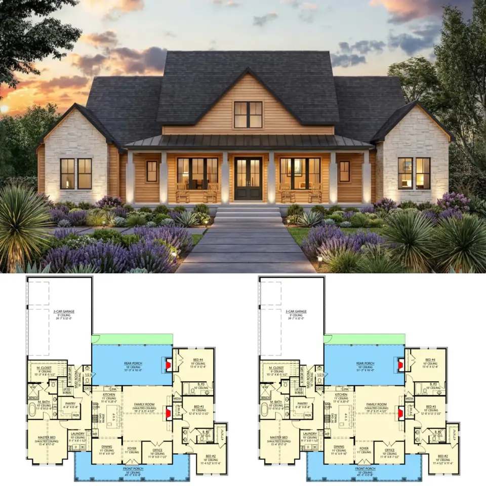 4-Bed Modern Farmhouse Plan with Vaulted Great Room