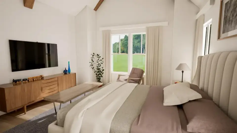 Vaulted great room with exposed wood beam trusses, wide-plank white oak flooring, shiplap fireplace surround, and clerestory windows flooding the space with natural light