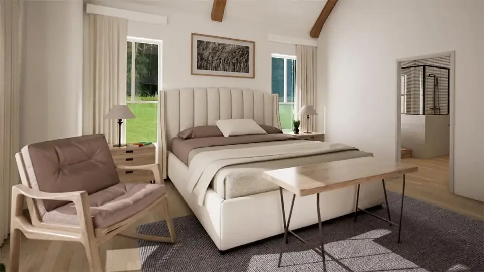 Primary bedroom with vaulted wood-beam ceiling, neutral wall tones, upholstered bed, and large windows overlooking the back porch
