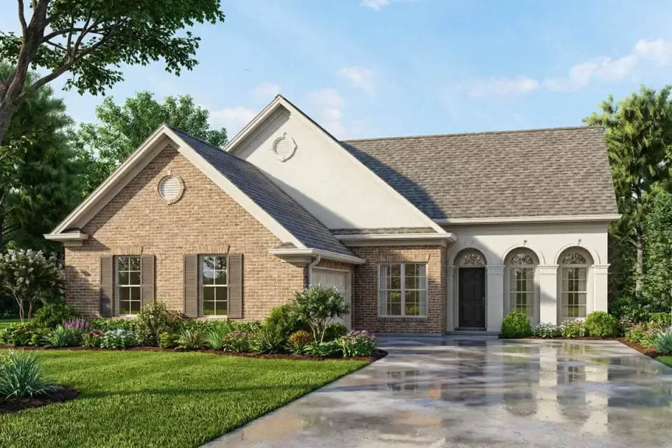 Front elevation of the 1,464 sq ft French Country ranch with brick veneer and stucco facade, prominent hipped roof, arched front entry opening, and arched front-facing windows