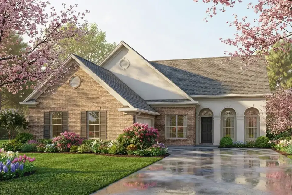 Three-quarter view showing the brick-and-stucco material mix, hipped roof intersections, prominent gable accents, and the side elevation transition to horizontal siding