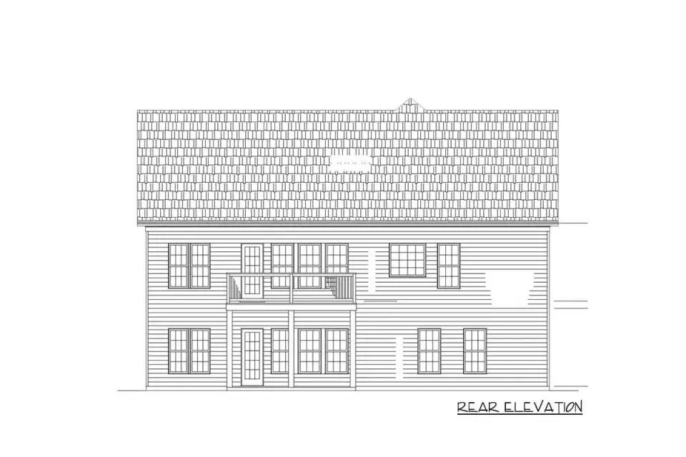Side elevation line drawing showing the horizontal siding, walk-out basement potential below the main level, and elevated deck access from the formal dining room