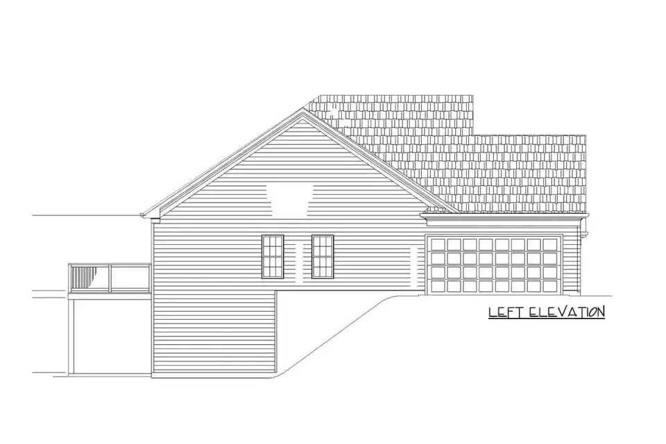 Rear elevation line drawing showing the screened porch, deck, and walkout basement-level windows below the main floor