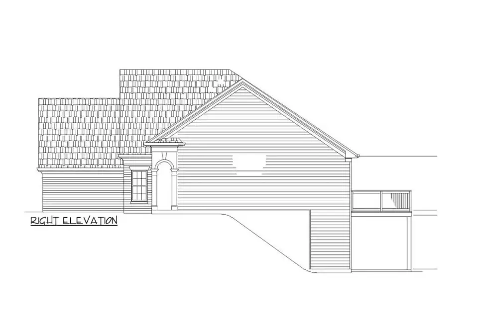 Opposite side elevation line drawing showing the 2-car garage access, hipped roof transitions, and basement window detail