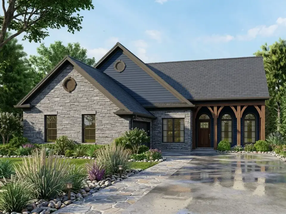 Rustic stone and timber facade variation with rough-hewn grey stone veneer, dark blue siding in the gables, timber-framed front porch with natural wood columns and curved braces, dark metal and shingle roof, flagstone walkway, river rock landscape beds, and ornamental grasses