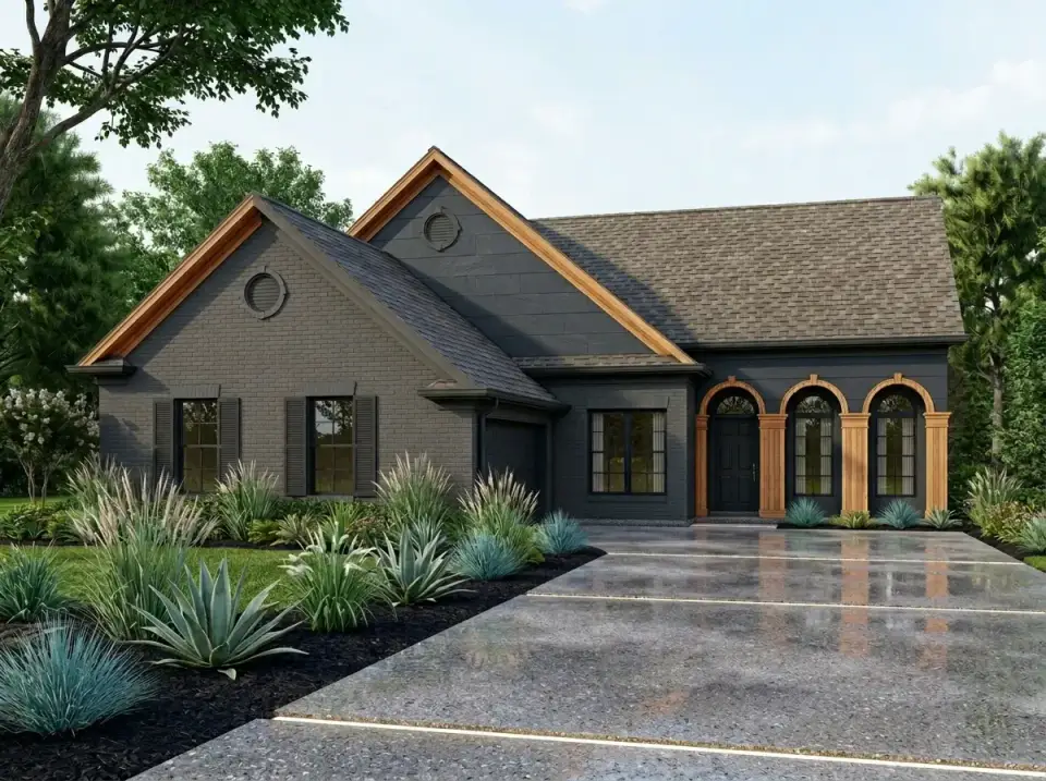 Moody modern brick facade with dark charcoal painted brick, matching dark roof, natural wood trim outlining the gables and porch columns, sleek concrete driveway with turf strips, and architectural plantings of agave and structured grasses