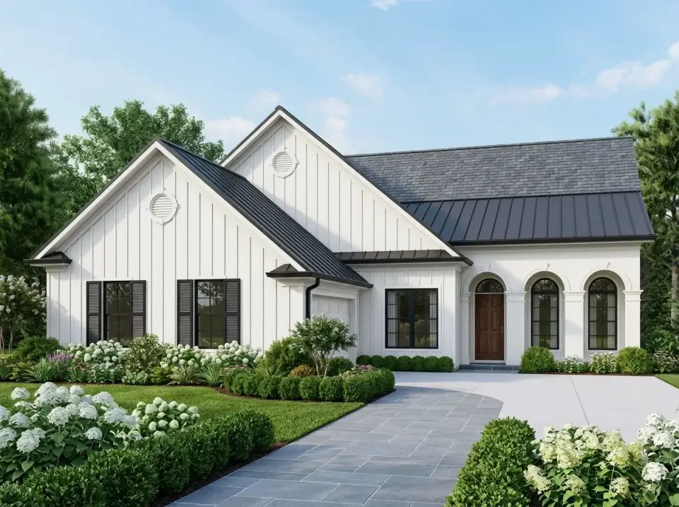 Classic modern farmhouse facade variation with crisp white board-and-batten siding, dark metal roofing on the porch and gables, black window frames, warm wood front door, formal manicured landscaping with paver walkway, white hydrangeas, and sculpted boxwoods