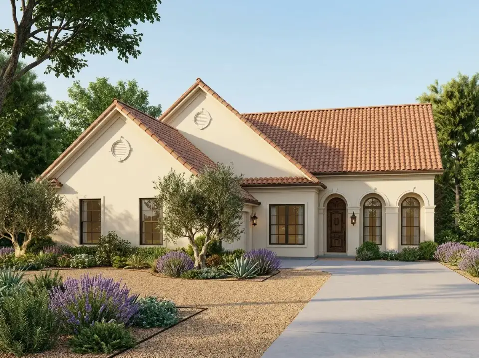 Mediterranean villa facade variation with creamy beige stucco walls, signature red terracotta clay tile roof, dark wood arched front door and window frames, gravel front garden, mature olive tree, lavender bushes, and drought-resistant agave plantings