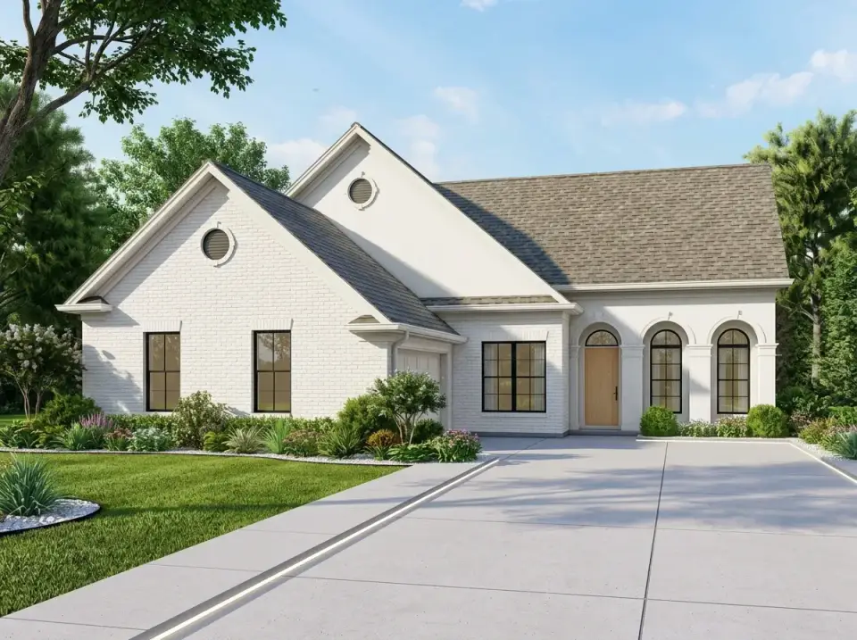 Minimalist white brick facade with painted white brick walls, dark grey roof, black window frames, light wood front door, concrete driveway with integrated LED strip lighting, and simple structural plantings