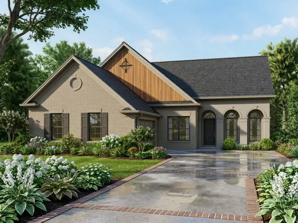 Transitional brick and wood accent facade with light greige brick as primary material, vertical natural wood siding with decorative cross detail in the main gable, dark grey roof, black window frames, brick-edged concrete driveway, and layered garden beds with hostas and hydrangeas