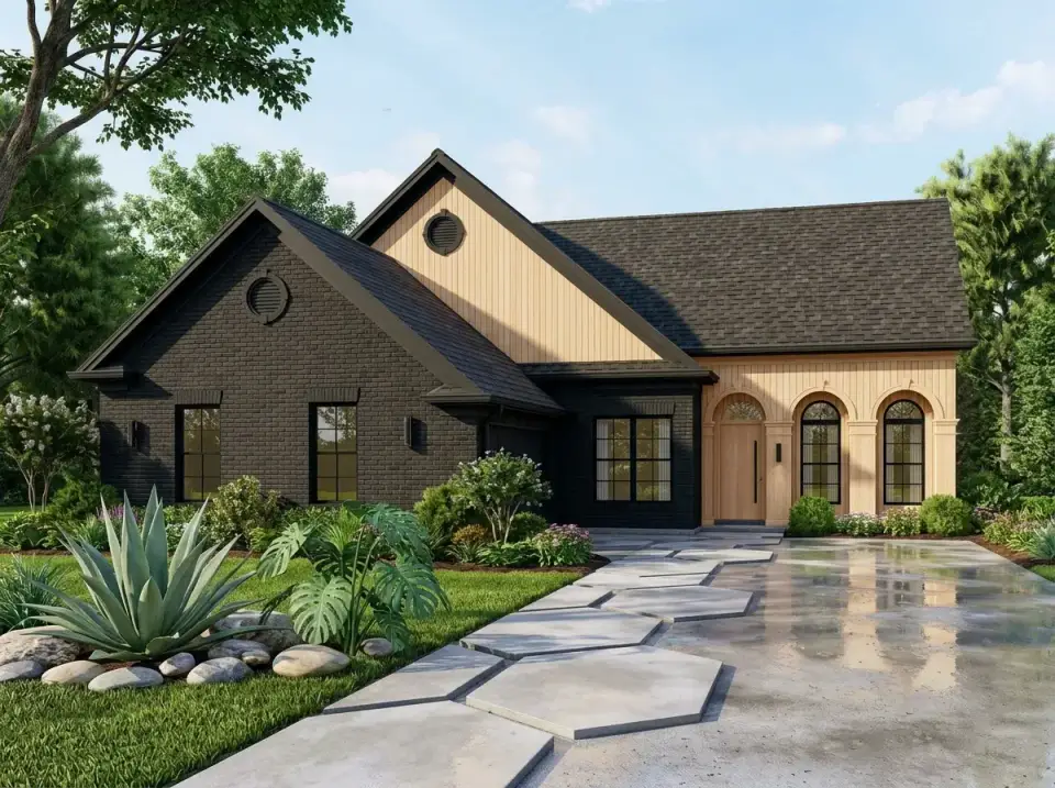Organic modern contrast facade with high-contrast black painted brick and light natural vertical wood siding on the gables and porch wall, light wood front door, geometric path of large hexagonal concrete pavers set in gravel, and architectural plantings of large agave and monstera