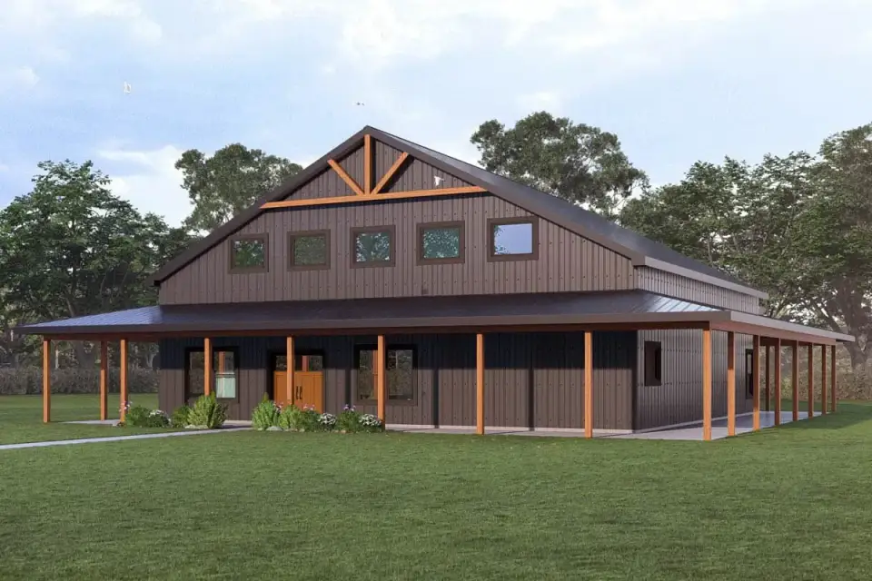 Plan 405135FDC front elevation modern barndominium with prominent gable roof board-and-batten siding decorative gable truss element clerestory window band rough-sawn timber porch columns and 1856 sq ft wrap-around covered porch in matte black metal roof finish
