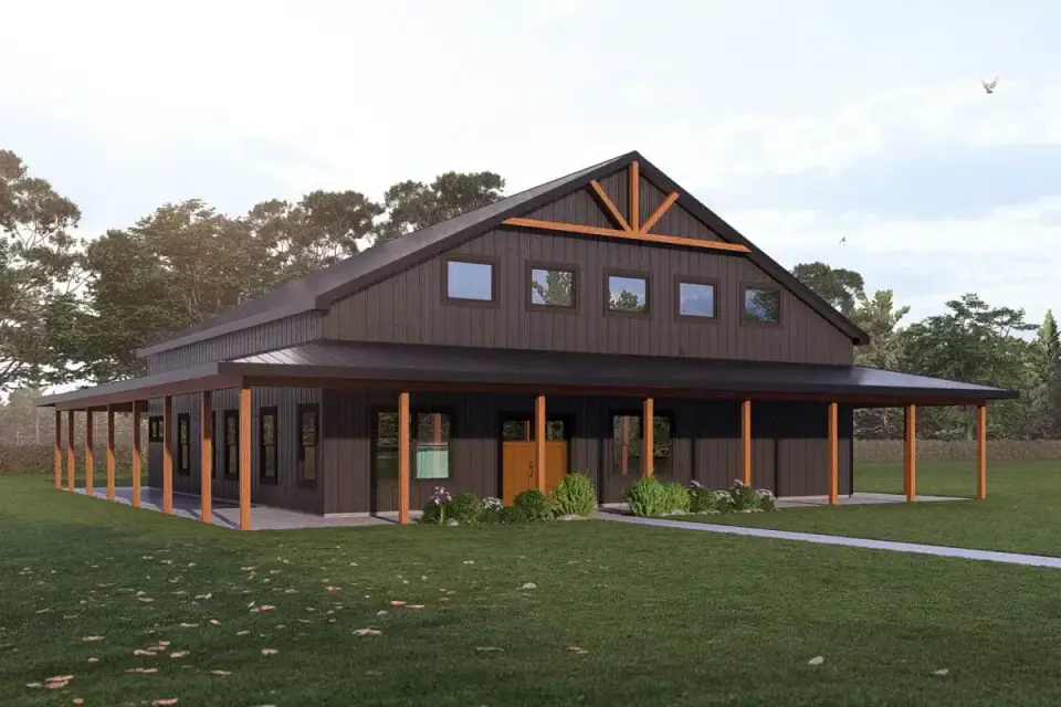 Plan 405135FDC three-quarter front view showing the wrap-around porch transitioning around the corner with deep shadow line exposed rafter tails and continuous board-and-batten facade material on a four-bedroom modern barndominium house plan