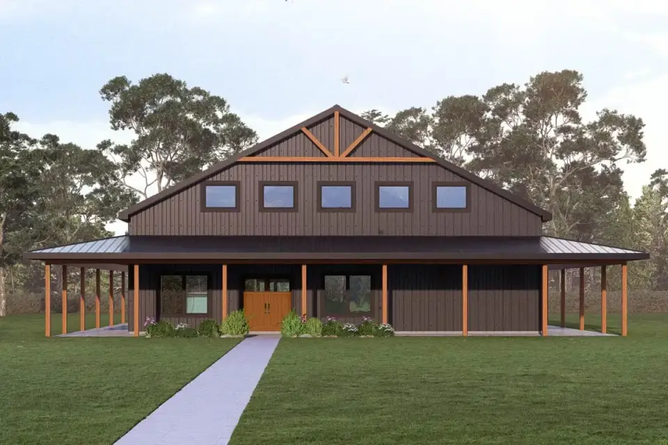 Plan 405135FDC side elevation showing porch return with substantial timber columns simple rectangular barn massing single-story height and standing seam metal roof on the modern barndominium with wrap-around porch