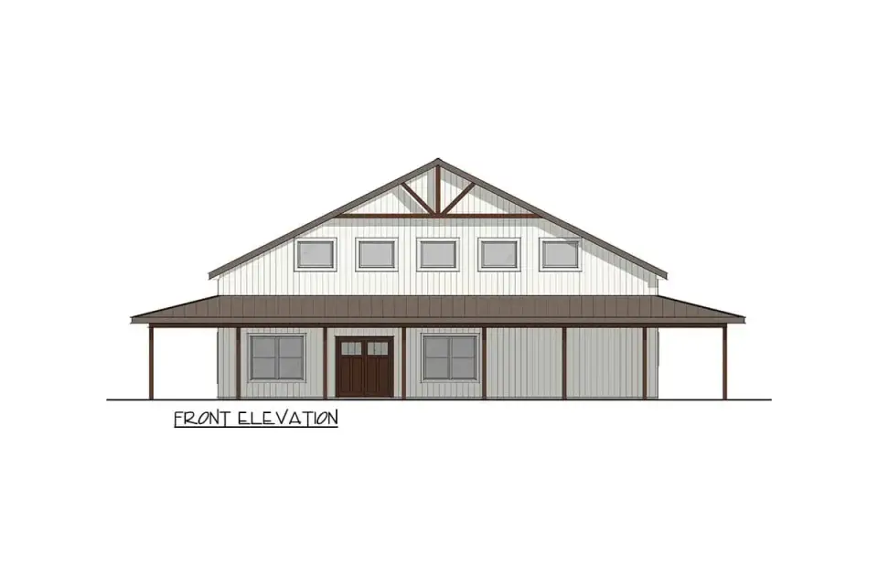 Plan 405135FDC rear elevation showing continuous gable barn massing minimal rear fenestration on private bedroom wall and porch terminating along the rear face of the 2500 sq ft single-story barndominium plan