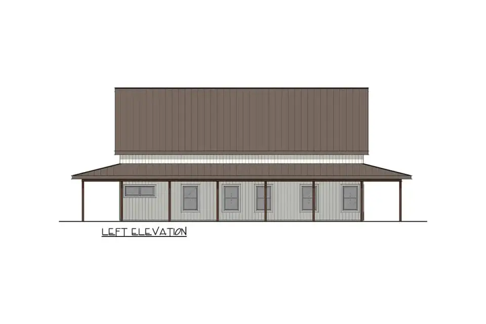 Plan 405135FDC angled view showing decorative gable truss element clerestory glazing and timber column proportion against board-and-batten siding wall plane on a four-bedroom modern barndominium
