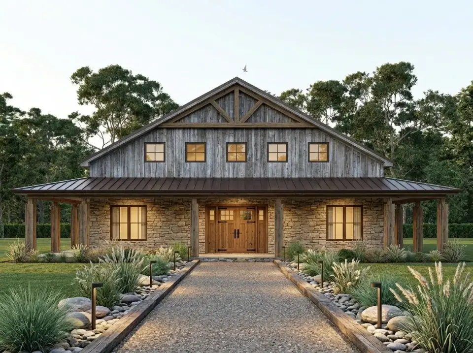 Facade variation 2 Rustic Stone and Timber barndominium with Pennsylvania fieldstone veneer base wrapping the porch weathered reclaimed wood siding on upper gable Pioneer Millworks barnwood heavy timber columns matching truss element gravel pathway edged with timber and river stones interspersed with ornamental Panicum switchgrass
