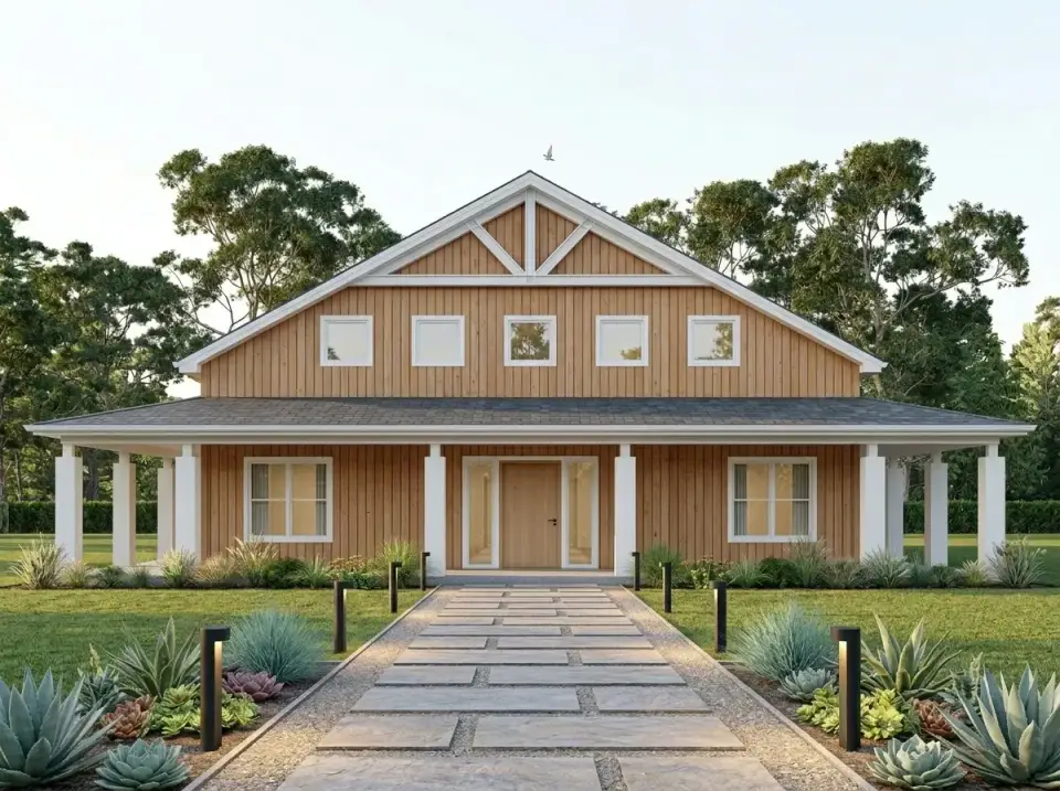 Facade variation 3 Natural Wood Modern barndominium with Thermory clear-coated vertical white oak siding BM Chantilly Lace OC-65 columns and trim Englert dark bronze metal roof large irregular Stepstone flagstone pavers leading to door bordered by drought-tolerant agave parryi and succulent plantings