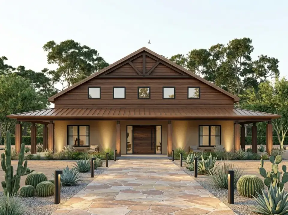 Facade variation 4 Desert Modern barndominium with dark-stained walnut wood siding on upper gable smooth tan stucco lower walls dark Douglas fir timber columns matte black metal roof flagstone path winding through xeriscape landscape of mature Saguaro and Cholla cacti agave parryi and crushed gravel mulch