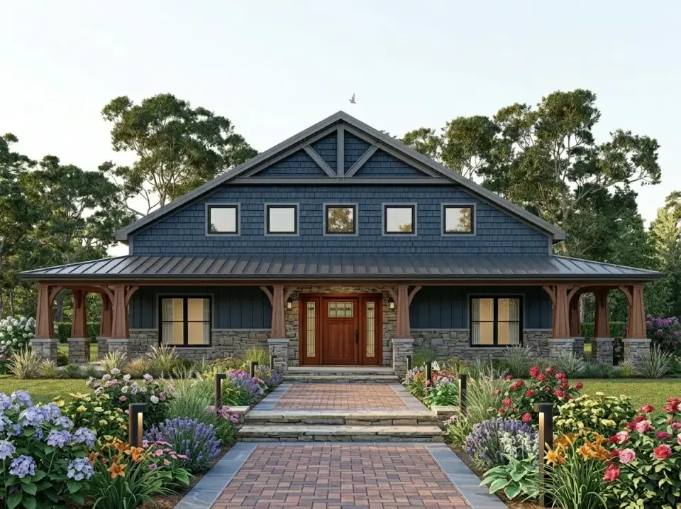 Facade variation 5 Craftsman Cottage barndominium with BM Hale Navy HC-154 dark blue cedar shingle siding in gable end Pennsylvania fieldstone veneer foundation substantial timber columns with curved Greene and Greene craftsman brackets decorative arts and crafts front door brick paver pathway lined with cottage garden of David Austin roses lavender and salvia