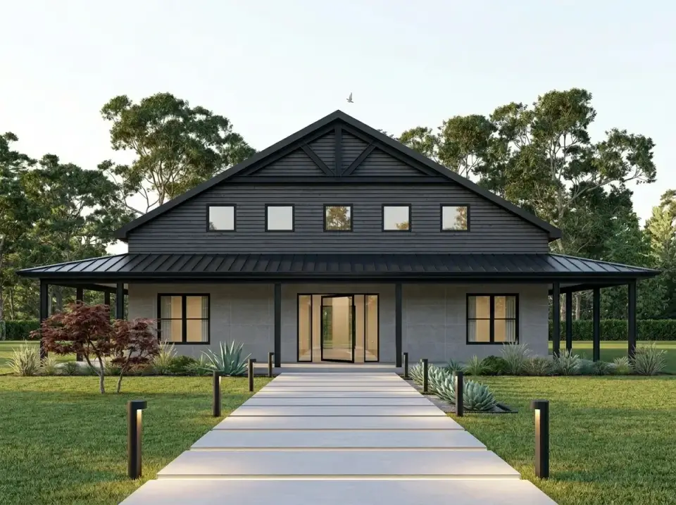 Facade variation 6 Industrial Minimalist barndominium with AEP Span Corbrella dark grey horizontal metal panel siding black Englert 1300 standing seam metal roof black metal columns and trim large pivot glass entry doors concrete slab pathway with geometric Agave parryi plantings and crisp manicured fescue lawn