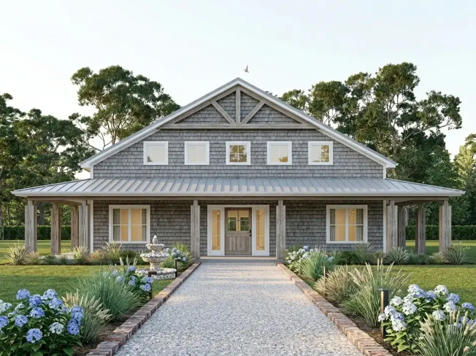 Facade variation 7 Coastal Shake barndominium with Maibec Eastern white cedar shake siding BM Chantilly Lace OC-65 trim weathered tapered wood columns light grey silver Englert 1300 metal roof crushed oyster shell pathway edged in herringbone brick passing tiered cast-stone fountain with Nikko Blue hydrangeas Sabal palmetto palms and ornamental sea oats grasses