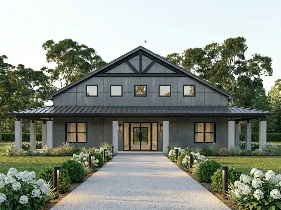 Facade variation 8 Contemporary Panel barndominium with large-format grey Equitone fiber cement panels black Englert 1300 metal roof and trim black W8x18 steel I-beam columns prominent black-painted steel gable truss large pivot glass entry doors exposed aggregate concrete pathway flanked by structured plantings of white Annabelle hydrangeas and manicured Buxus sempervirens evergreen bushes