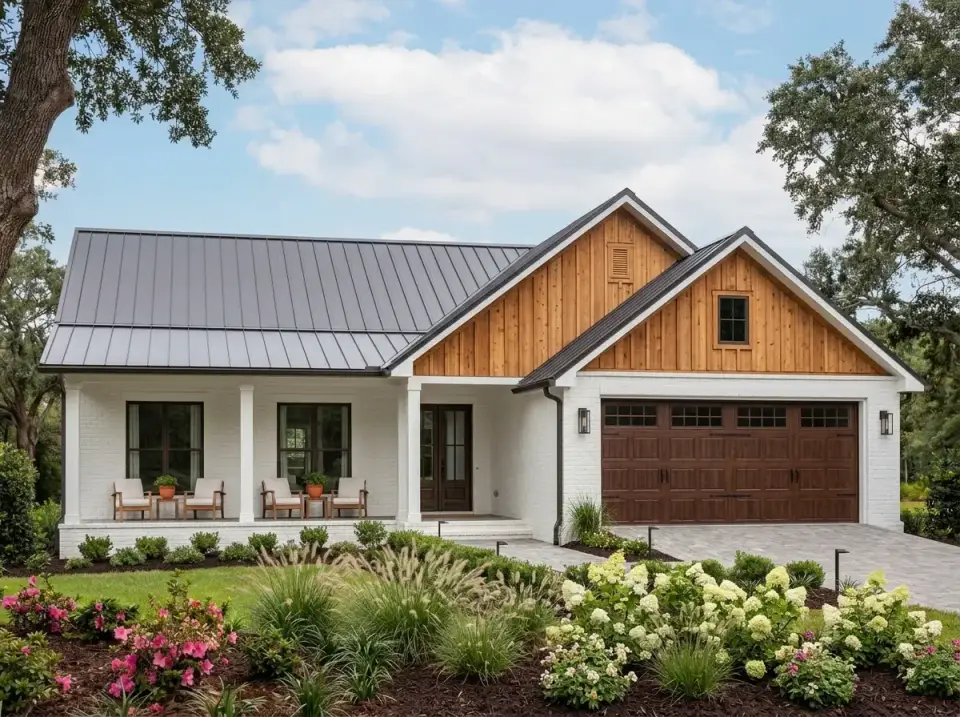 Plan 52037HZ facade variation with white painted brick base, warm wood board-and-batten gable, dark metal roof, walnut-stained front and garage doors, hydrangea and ornamental grass landscape
