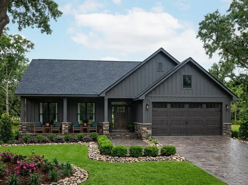 Plan 52037HZ Dark Craftsman variation with dark grey board-and-batten siding, stone veneer column bases and foundation, dark wood doors, river rock and manicured shrub landscape