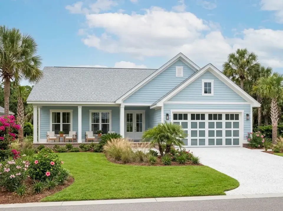 Plan 52037HZ Coastal Cottage variation with light blue horizontal lap siding, white trim and columns, white garage door with frosted glass, palm trees and tropical landscape