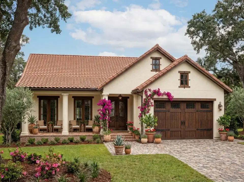 Plan 52037HZ Mediterranean Revival variation with cream stucco walls, terracotta tile roof, dark wood doors with iron hardware, bougainvillea and olive tree landscape