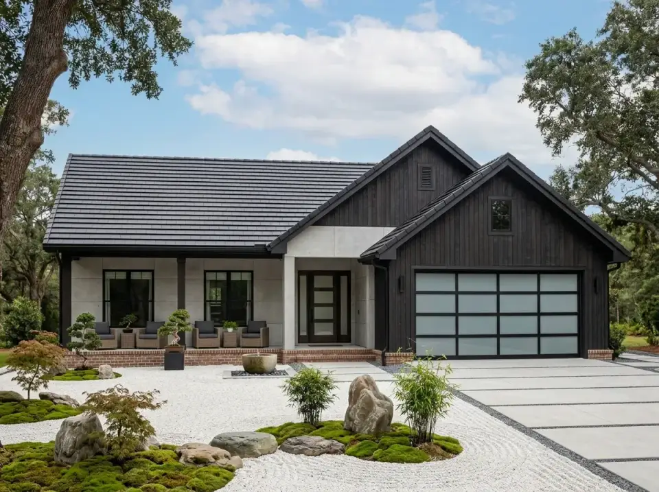 Plan 52037HZ Modern Japandi variation with charred Shou Sugi Ban siding, smooth concrete panels, dark metal roof, modern glass garage door and Japanese zen garden landscape