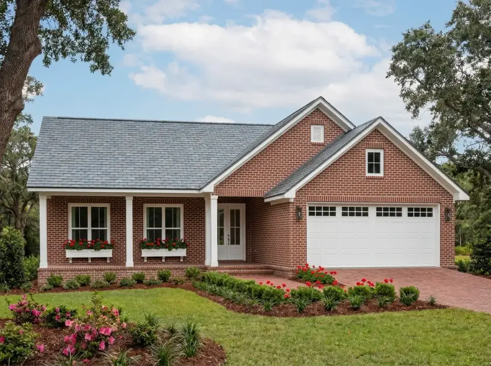 Plan 52037HZ Traditional Brick variation with red brick construction, white trim and columns, grey shingle roof, white carriage-style garage door and brick paver driveway