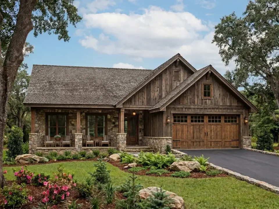 Plan 52037HZ Rustic Mountain variation with weathered wood siding, stone veneer accents, dark shingle roof, naturalistic boulder and conifer landscape
