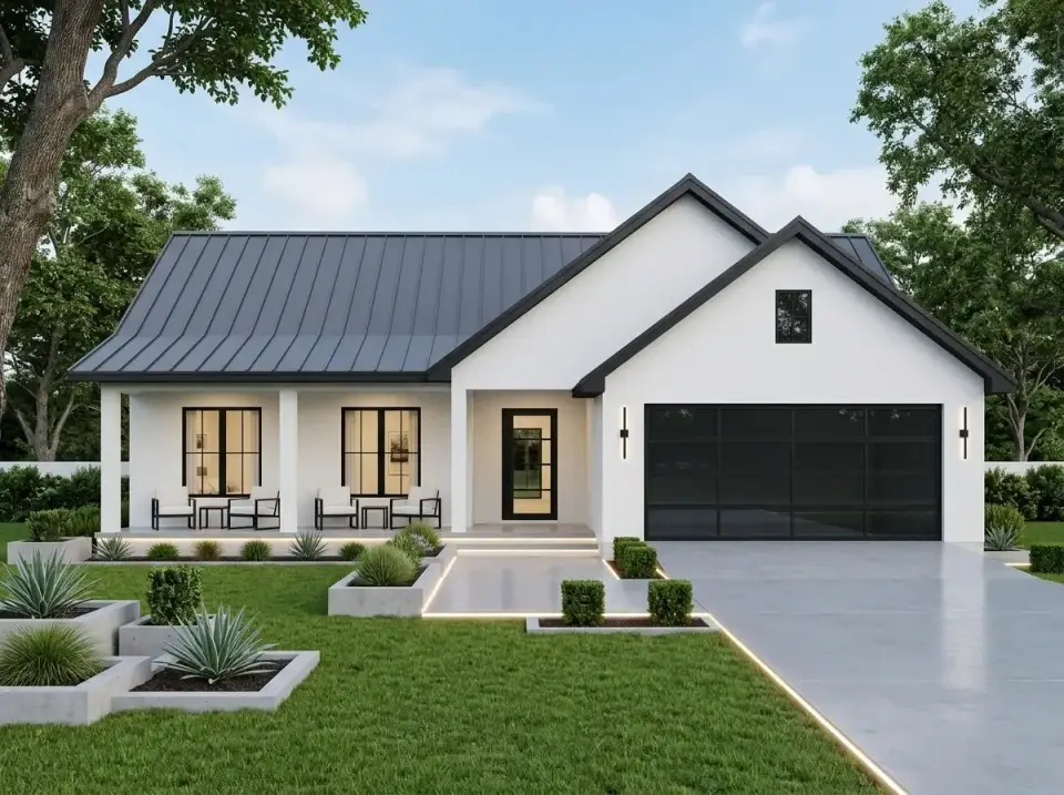 Plan 52037HZ Contemporary Farmhouse variation with smooth white walls, dark metal roof, black framed windows, modern black garage door with glass panels and architectural concrete paver landscape