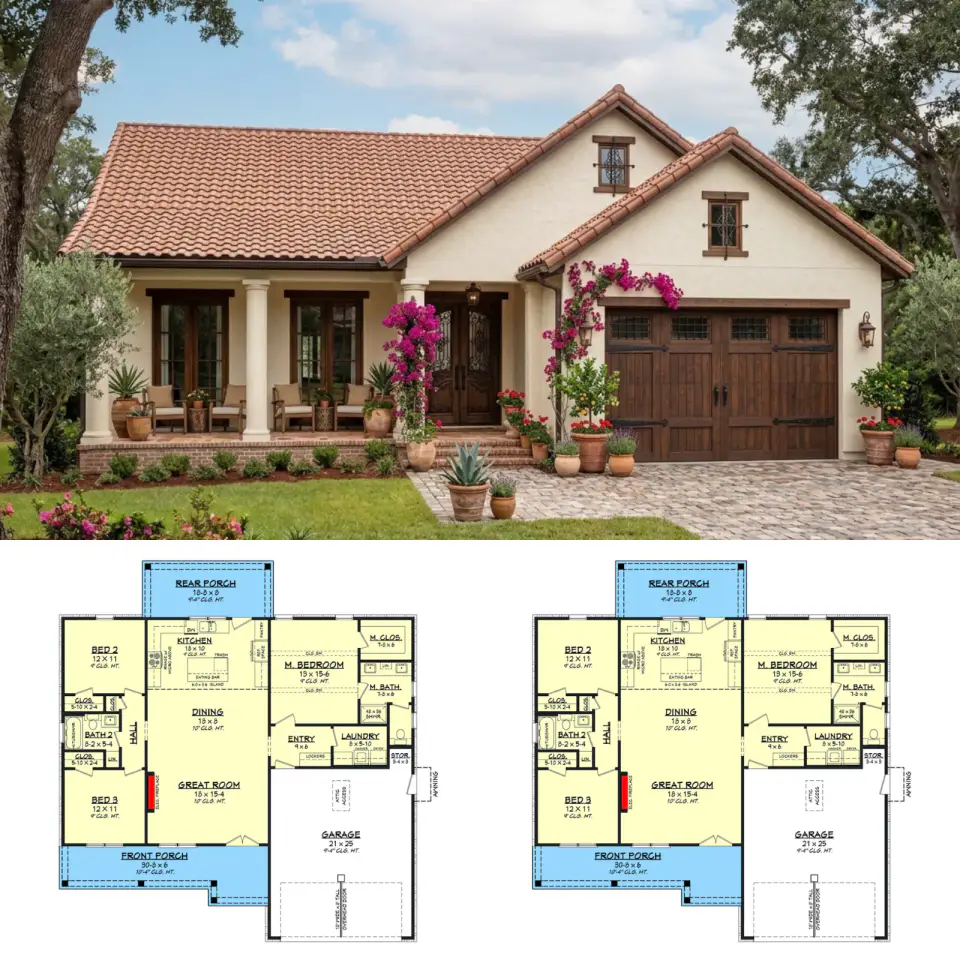 1,523 Sq Ft Modern Farmhouse Plan with Split Bedrooms
