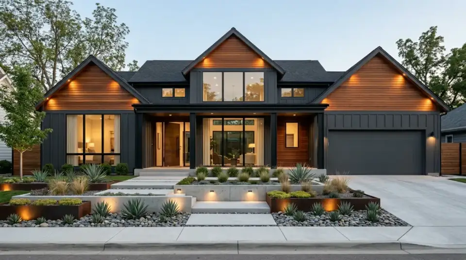 Plan 56440SM modern industrial facade variation with dark Iron Gray Hardie board-and-batten Kebony gable accent Max-Rib Matte Black roof and Cor-Ten planters